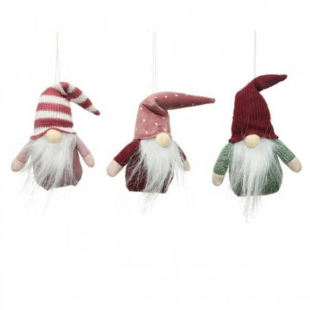 Three whimsical gnomes with long beards, colorful hats, and soft, textured bodies.