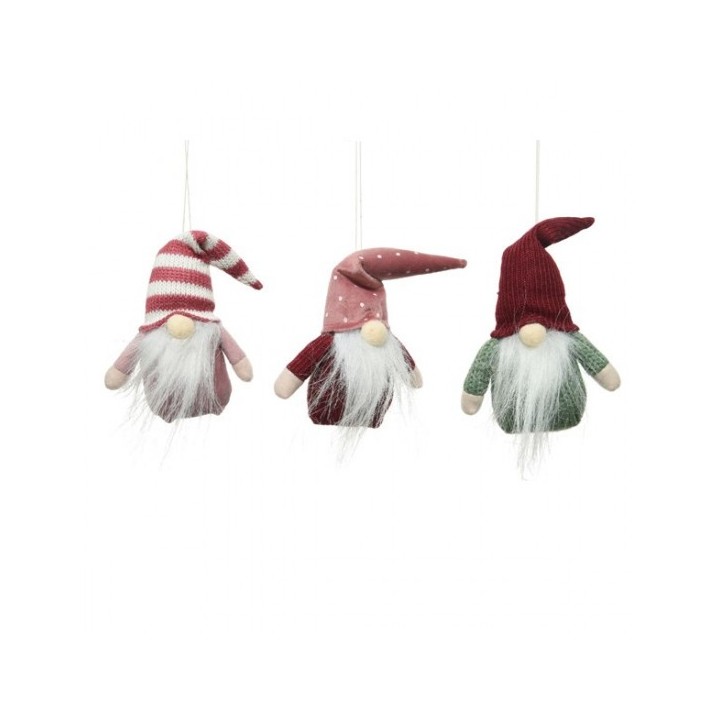 Drie schattige kerstgnomes met verschillende hoeden en lange witte baarden, in zachte kleuren.