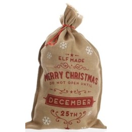 A festive burlap sack with red lettering and snowflakes, marked for Christmas gifts.