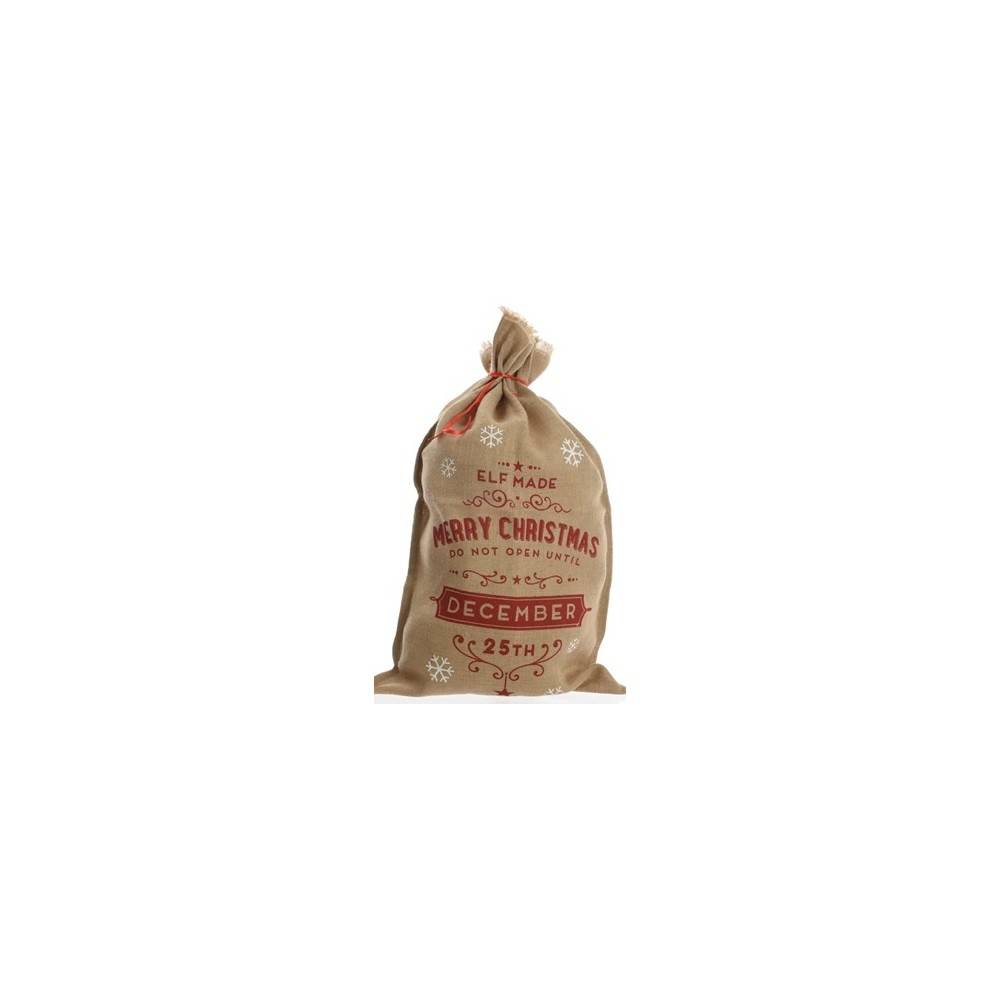 A festive burlap sack with red lettering and snowflakes, marked for Christmas gifts.
