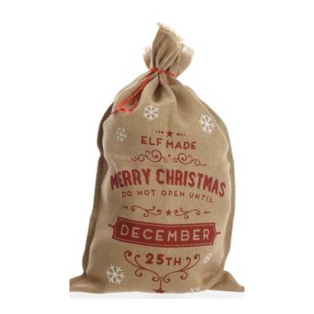 A festive burlap sack with red lettering and snowflakes, marked for Christmas gifts.