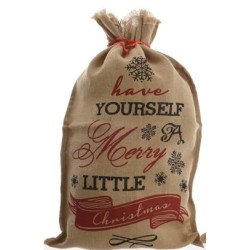 A burlap sack with festive red and black lettering, adorned with snowflakes.