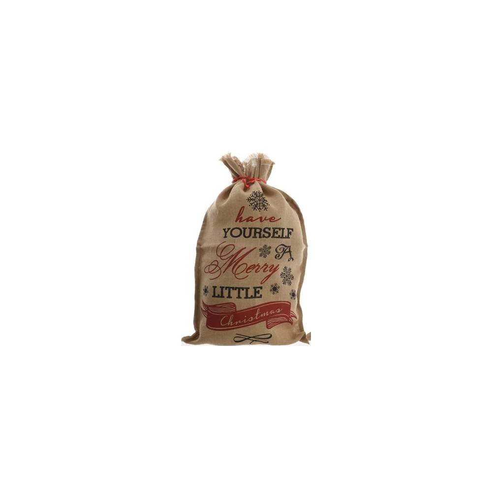 A burlap sack with festive red and black lettering, adorned with snowflakes.