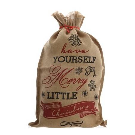 A burlap sack with festive red and black lettering, adorned with snowflakes.