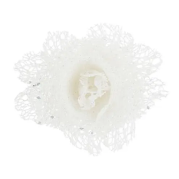 Een delicate, witte bloem van kant met sprankelende details in het midden.