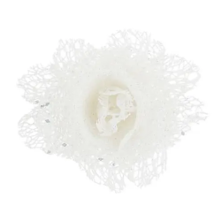 Delicate white lace flower with a central design, shimmering subtly.