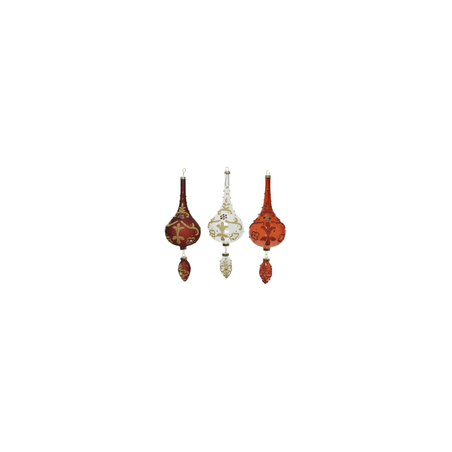 Three ornate, teardrop-shaped ornaments in red and gold, elegantly decorated.