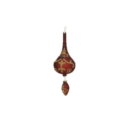 A decorative, elongated ornament in rich red with gold intricate designs and a pointed bottom.