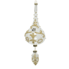 Elegant gold pendant with intricate floral patterns and a teardrop charm at the bottom.