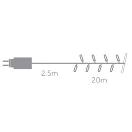 Een schematische weergave van een lichtsnoer met 20 lampjes, 2,5 m kabel.