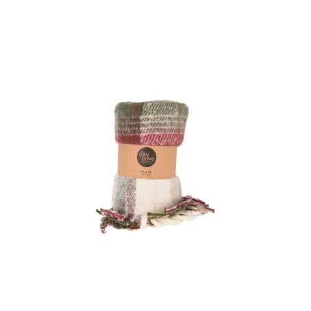 A cozy, plaid scarf in earthy tones of green, pink, and cream with fringed edges.