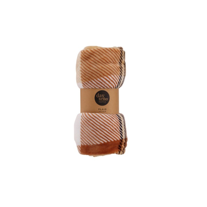 Een zacht, geruit oranje-bruin dekentje met een minimalistische verpakking.
