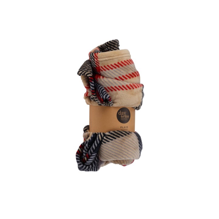 Een stapel gekleurde sokken met een gestreept patroon in beige, rood en blauw.