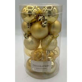 Een doorzichtige verpakking met gouden kerstballen in diverse tinten en afwerkingen.