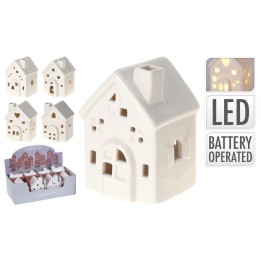 Witte porseleinen huisjes met vensters, LED-verlichting en schattige details in een doos.