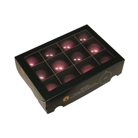 A sleek black box containing twelve glossy, dark purple ornaments arranged in a grid.