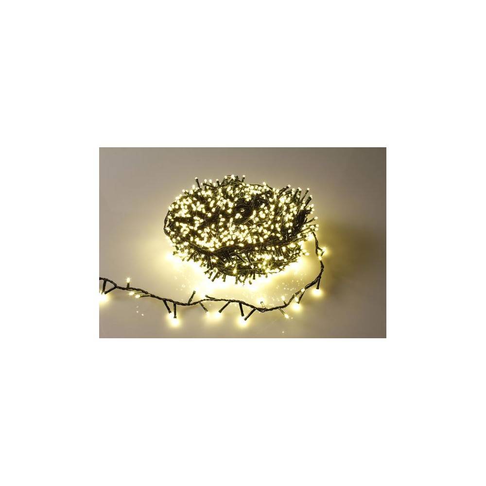 A tangled bundle of warm white fairy lights on a light background.