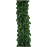 A lush green garland adorned with small warm white lights.