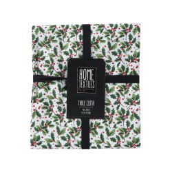 Witte tafelkleed met groene bladeren en rode bessen, ingepakt met een zwarte band.