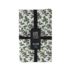 A festive table runner with a white background, adorned with green holly leaves and red berries.