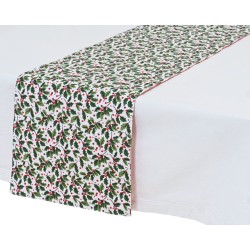A festive table runner with green holly leaves and red berries on a white background.