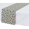 A festive table runner with green holly leaves and red berries on a white background.
