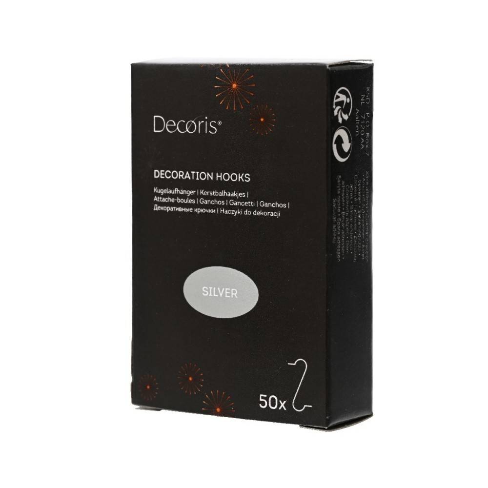 A sleek black box with silver lettering, containing 50 decorative hooks.