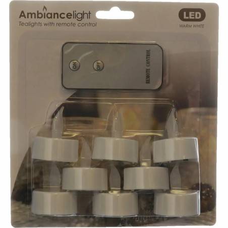 A pack of LED tealights in white holders, with a remote control for convenience.