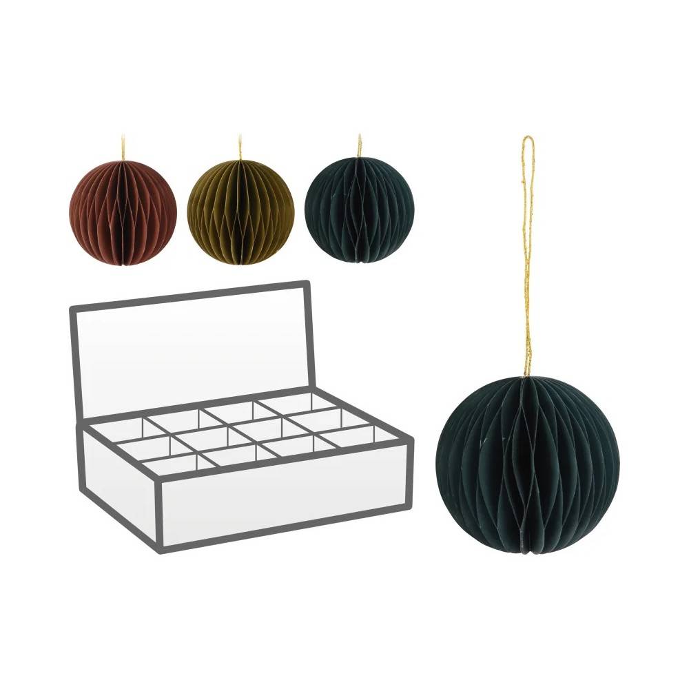 Three decorative paper ornaments in rich colors, alongside a storage box with compartments.
