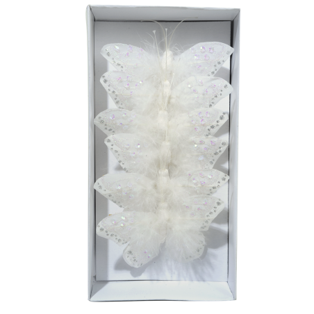 A delicate arrangement of white butterflies with shimmering accents in a sleek box.