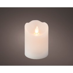 A soft, glowing white candle with a flickering flame effect against a dark background.