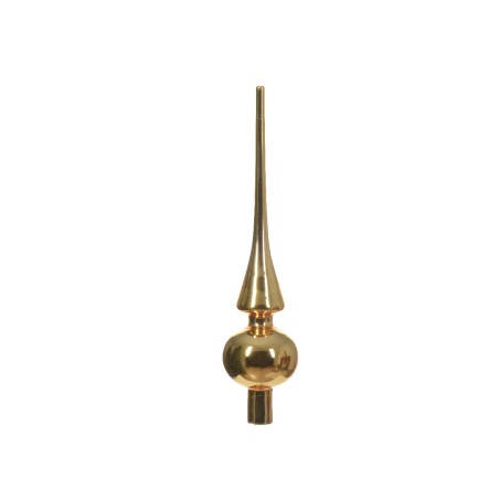 A sleek, shiny brass finial with a bulbous base and a sharp, elongated peak.