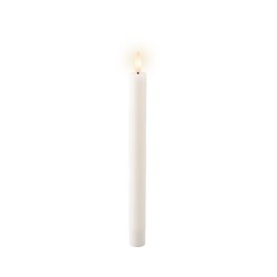 A tall, slender white candle with a soft yellow flame flickering at the top.