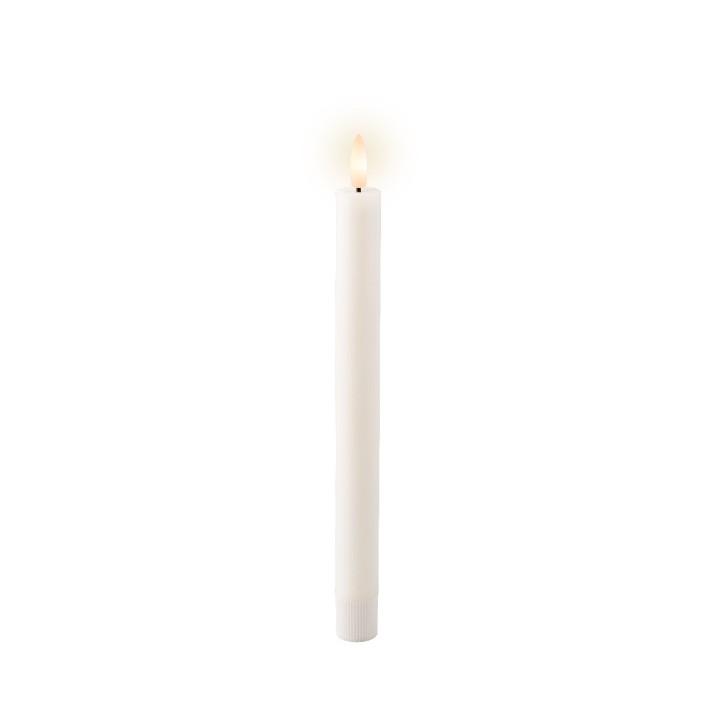 A tall, slender white candle with a soft yellow flame flickering at the top.