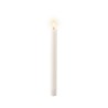 A tall, slender white candle with a soft yellow flame flickering at the top.
