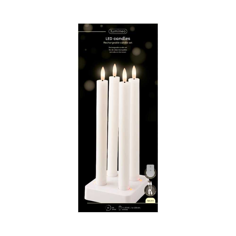 Four elegant white LED candles on a sleek white base, softly glowing with flickering flames.