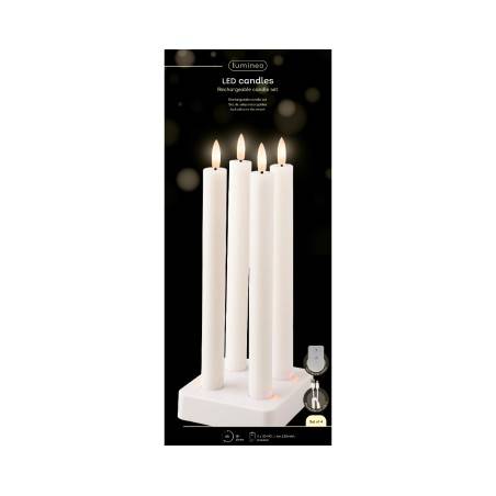 Four elegant white LED candles on a sleek white base, softly glowing with flickering flames.