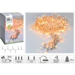 Een doos met 560 LED-lampjes, warmwit, op een flexibele draad, geschikt voor binnen en buiten.