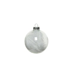 A glossy, clear ornament with a silver cap, featuring delicate white feather-like patterns inside.