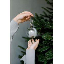 A hand holds a clear glass ornament above another hand, with a green pine tree in the background.