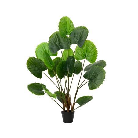 A lush faux plant with large, glossy green leaves in a simple black pot.
