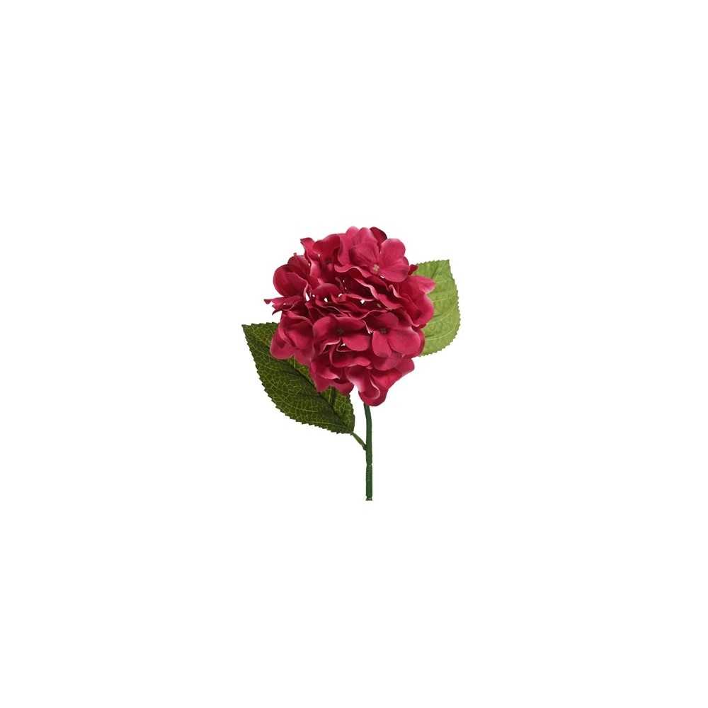 A vibrant, deep pink flower with layered petals, accompanied by two green leaves.