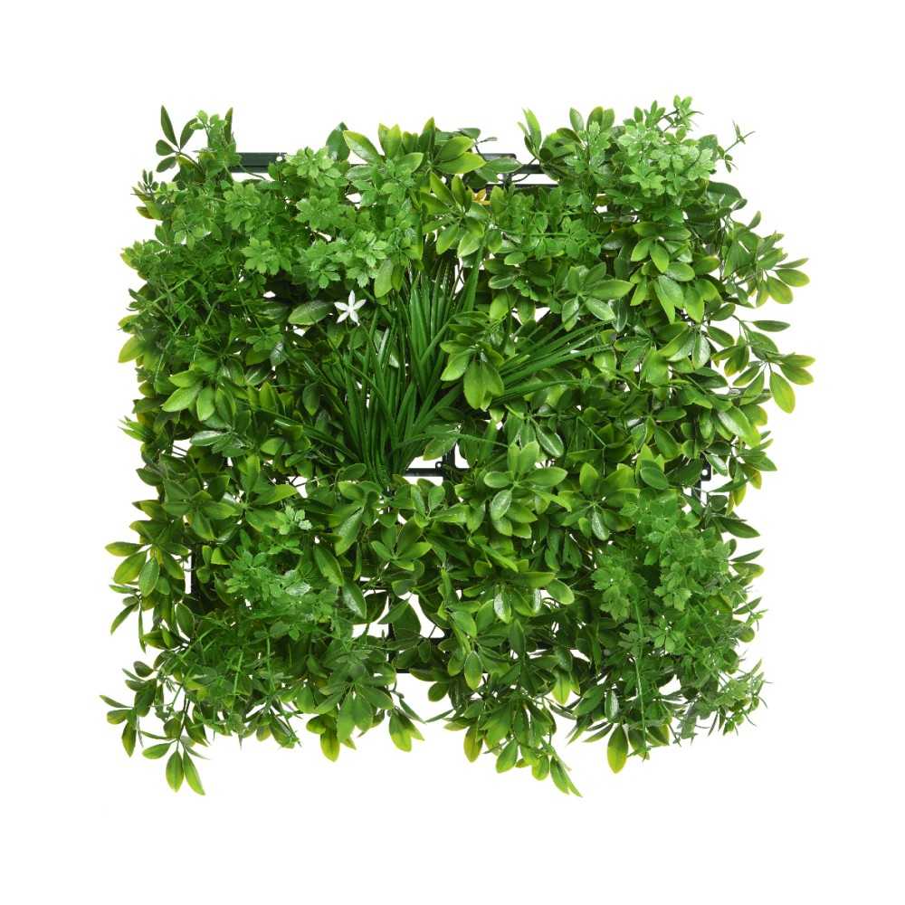 A lush, square panel of vibrant green artificial foliage in various textures and shades.
