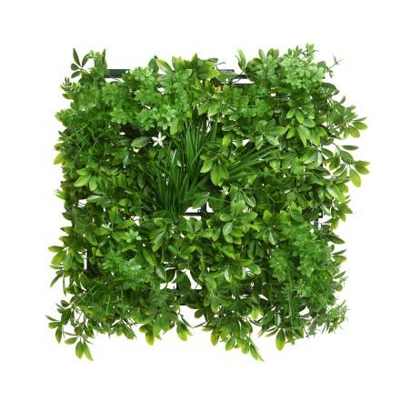 A lush, square panel of vibrant green artificial foliage in various textures and shades.