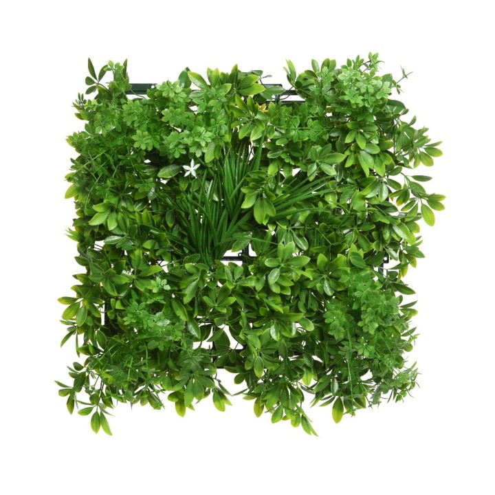 Een weelderige wanddecoratie met diverse groene bladeren en planten, in een vierkante indeling.