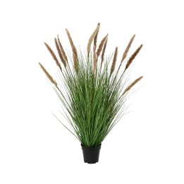 Groene kunstplant met lange, pluizige beige sprieten in een zwarte pot.