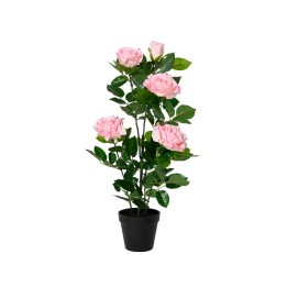 Kunststof rozenplant met zachte, lichtroze bloemen en groene bladeren in een zwarte pot.