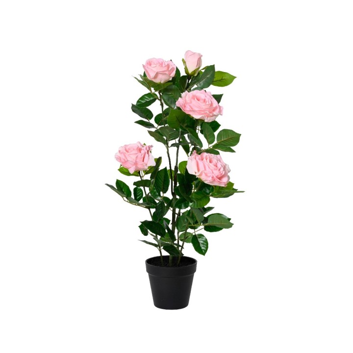 Kunststof rozenplant met zachte, lichtroze bloemen en groene bladeren in een zwarte pot.