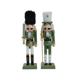 Two colorful nutcracker figurines in green and white uniforms, one holding a sword, the other a s...