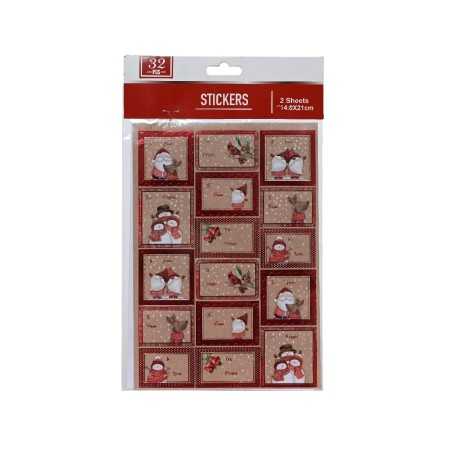 Twee vellen met 32 kleurrijke stickers van sneeuwmannen en feestelijke versieringen.